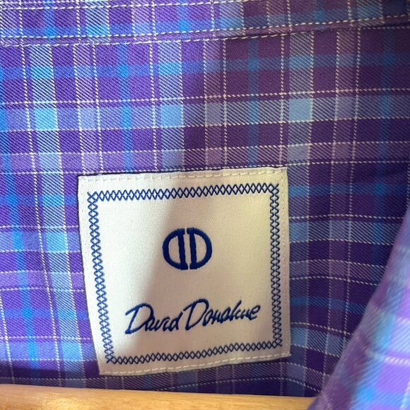 David Donahue Shirt Mens MEDIUM Blue Purple Plaid Button Up 100% Cotton - Picture 5 of 11